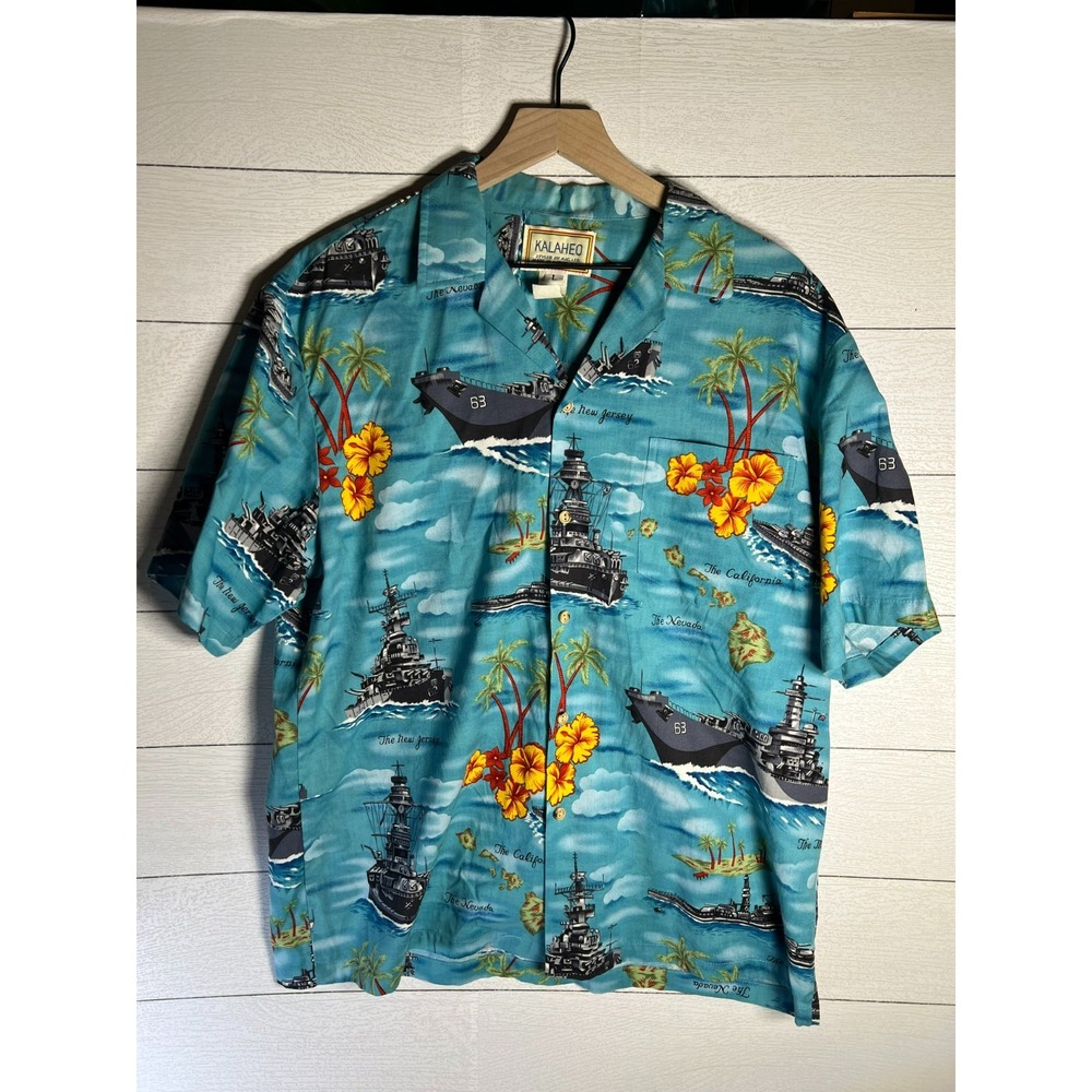 Kalaheo Mens Large Hawaiian Navy Battleship Blue Vintage 80s 90s ? Made In USA
